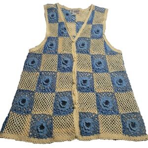 VINTAGE Bechamel‎ Crochet Vest Beige Blue Floral Cottagecore Women's Large